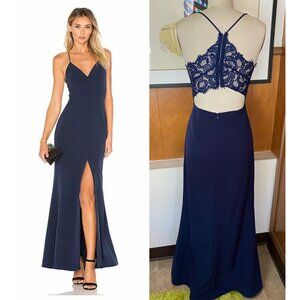 Lovers + Friends Sz 0 Helena Navy Blue Maxi Lace Sleeveless Gown front slit